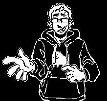 A Undertale battle sprite of a guy in an oversized hoodie with annoying dog printed on it